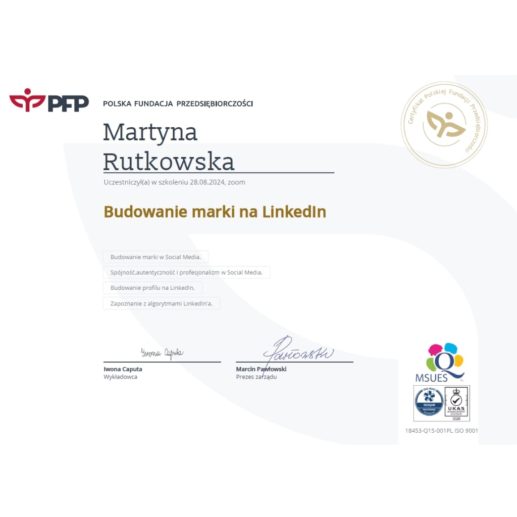 O mnie certyfikat budowanie marki na linkedin