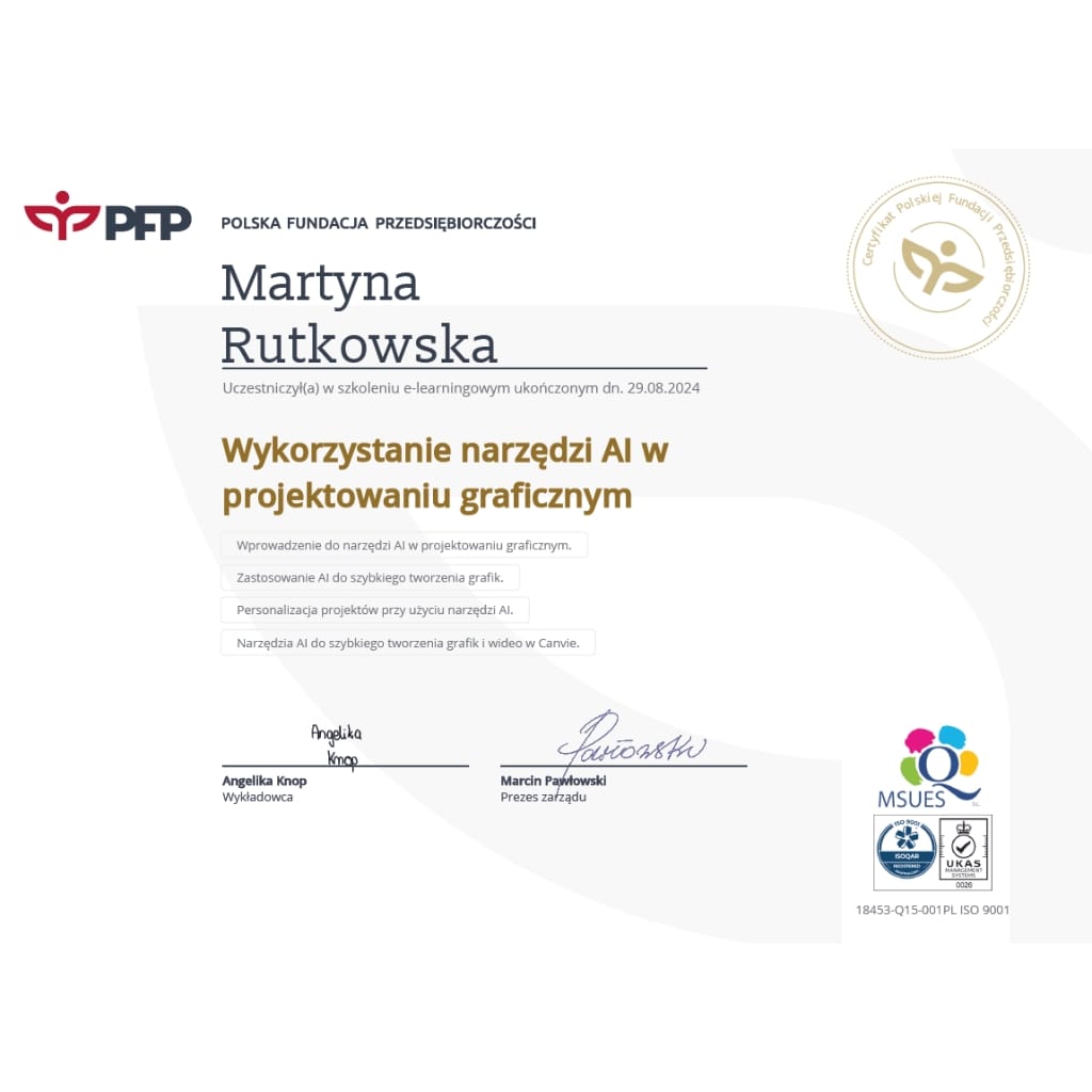 O mnie certyfikat wykorzystanie narzędzi ai w projektowaniu graficznym
